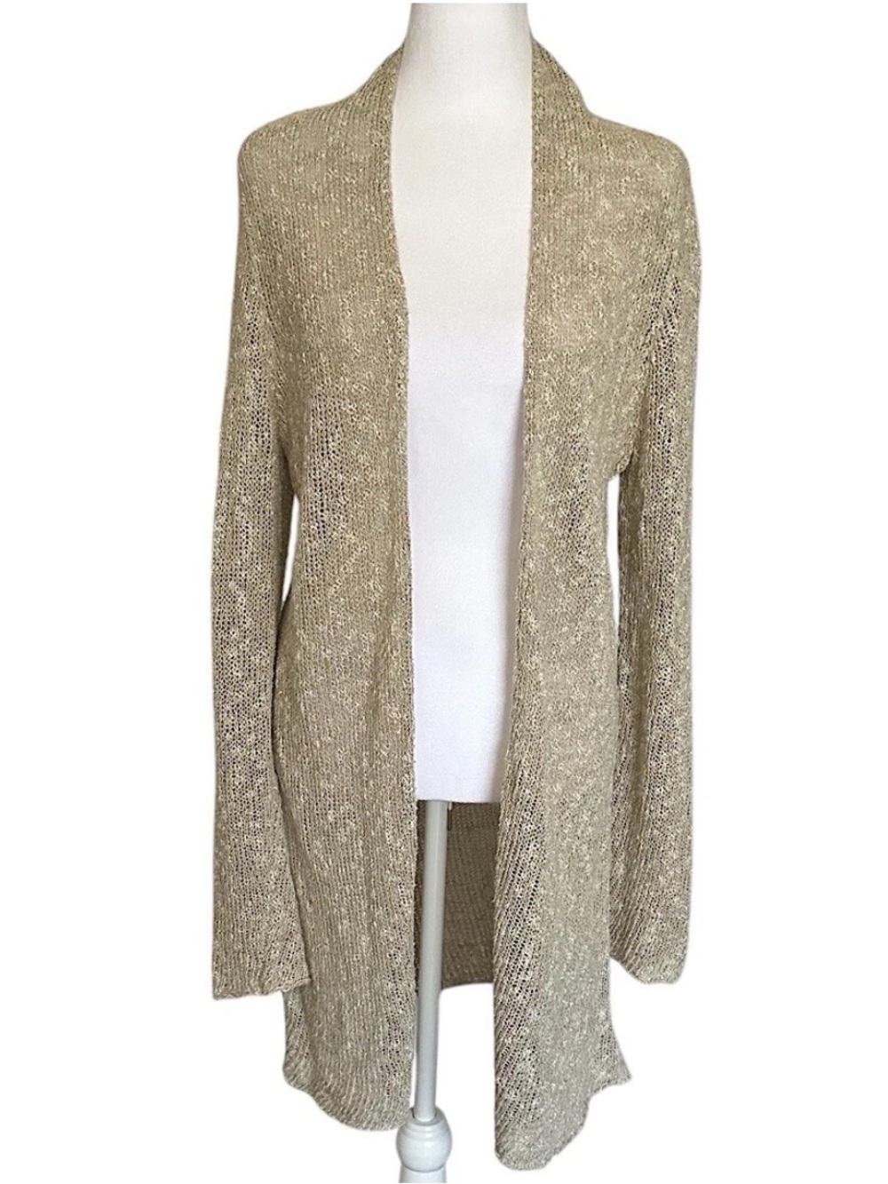 Eileen Fisher Women’s Sz M Cardigan Sweater Open Front Linen Blend Beige Coastal